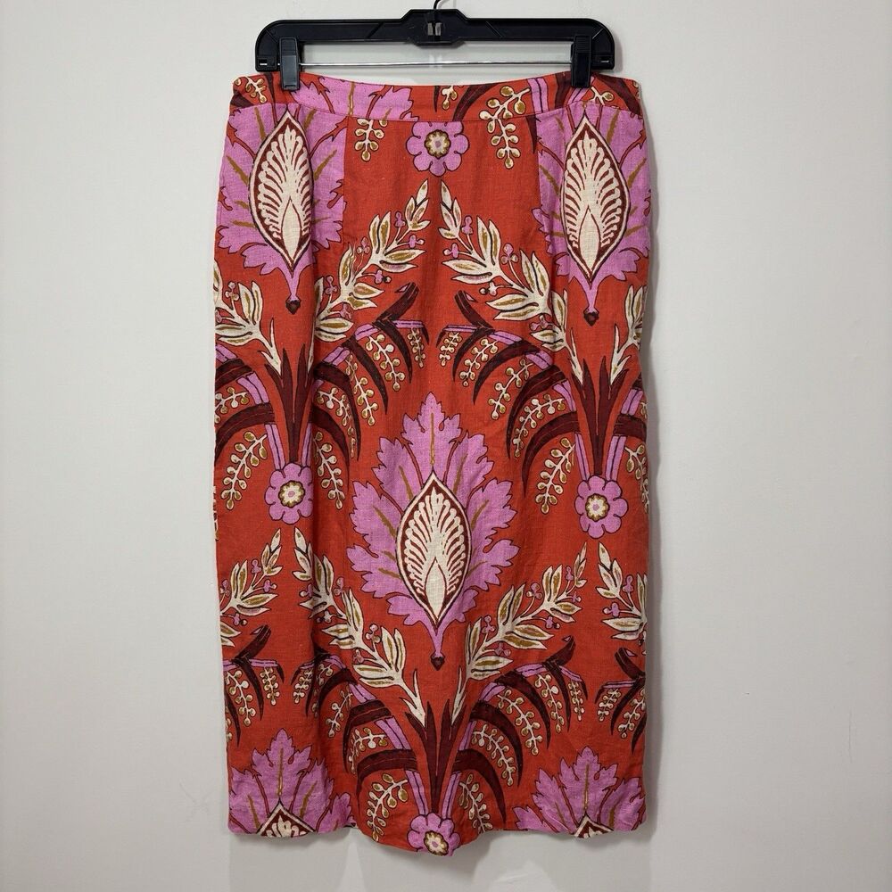 Sundance 100% Linen Pink Floral Midi Skirt P14 Pencil Paisley Lined Boho Beach
